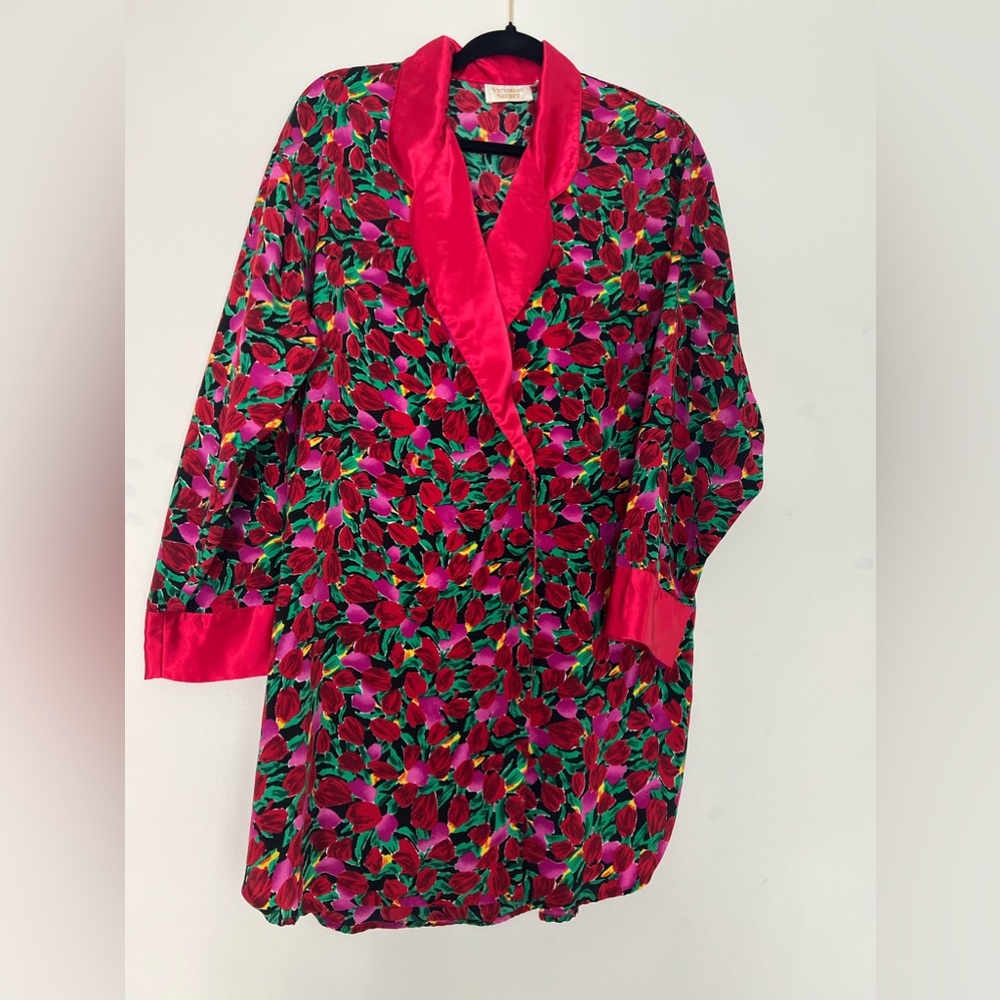 Vintage Victoria’s Secret Gold Label Satin Floral Nightgown Medium Red Green